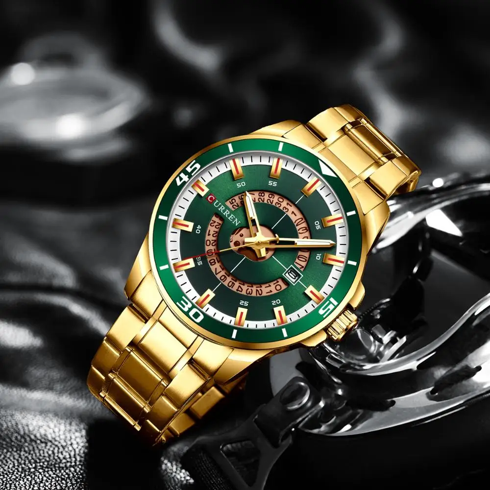 

2022 CURREN Men's Wrist Watch For Male Clock Golden Green Stainless Steel Quartz Wristwatches Date Watch Men Time zegarek męski