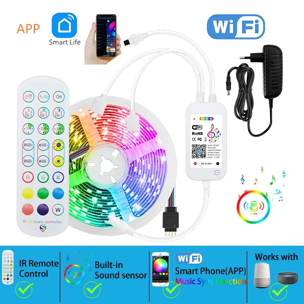 

Гибкая светодиодная лента с Wi-Fi, Bluetooth, 20 м, DC 12 В