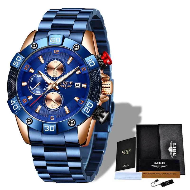 

Men Watches Top Brand Luxury LIGE Sport Waterproof Quartz Watch Men Casual Blue Stainless Steel Luminous Clock Relogio Masculino