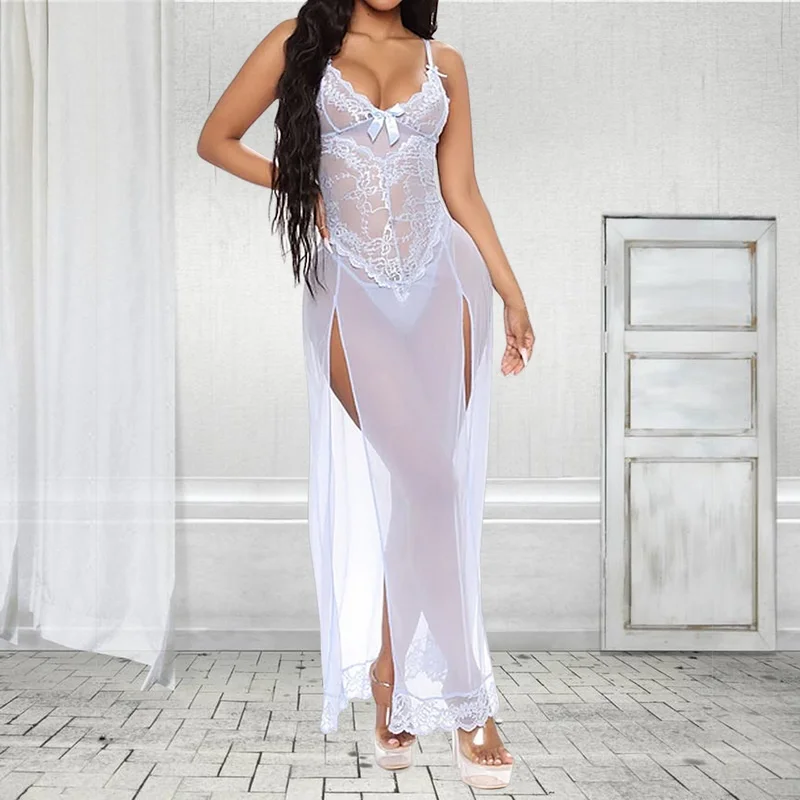 

Laamei Women Sexy Lace Lingerie Set Babydoll Sleepwear Long Sleepdress Sling Slit Mesh Nightdress Porno Sex Underwear Erotic