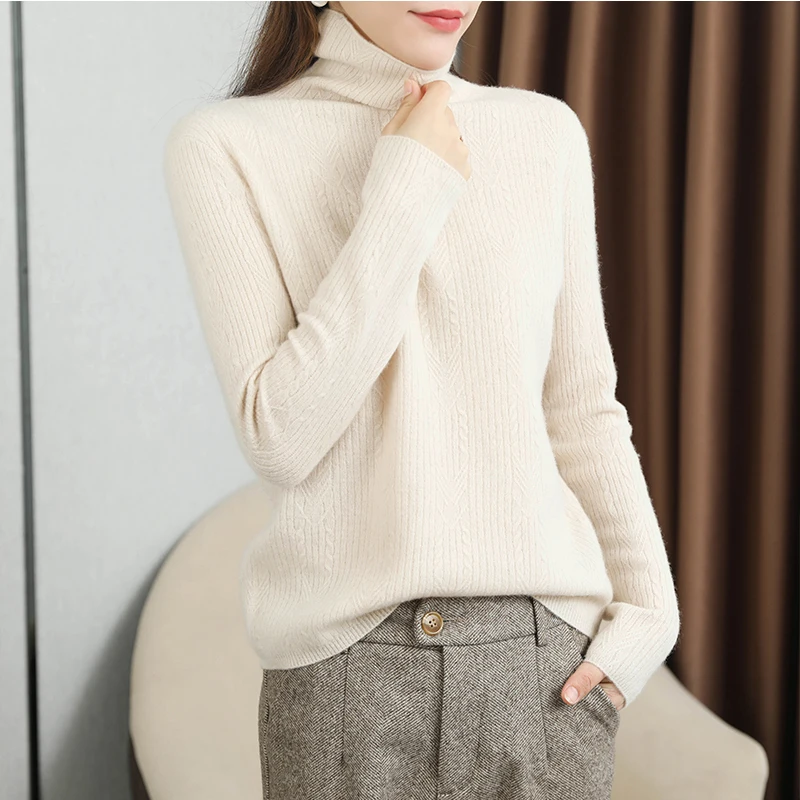 

MeetMetro New Women Sweater 100% Wool Pullover Women Fashion Knitted Sweaters Turtleneck Solid Winter Cashmere Sweater Woman