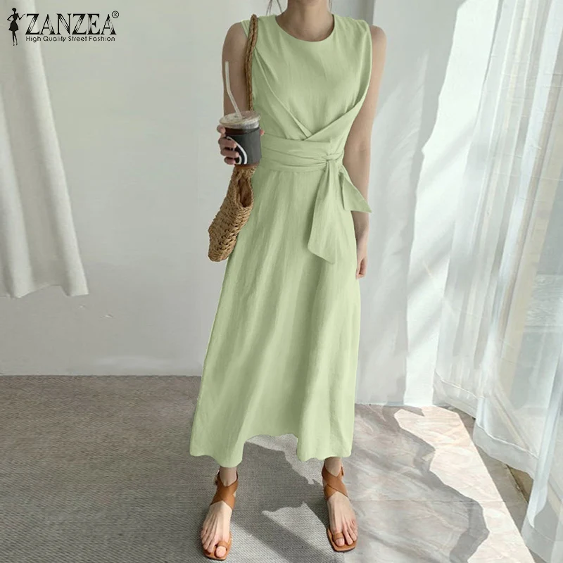 

ZANZEA Women's Summer Sundress Belted Sleeveless Dresses Tank Vestidos Elegant Solid Female Robe 2021 Femme Casual Saias Longas