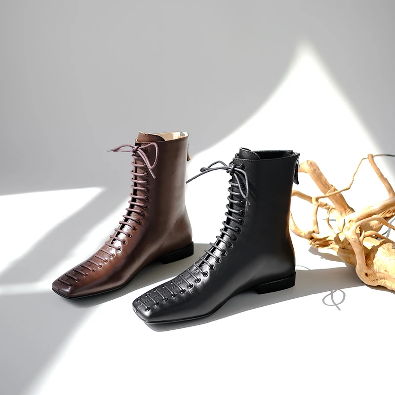 Murah Sepatu Bot Pergelangan Kaki Tali Silang Kulit Asli Wanita Sepatu Bot Matin Warna Polos Datar Kasual Botas Feminina Zapatillas Mujer Kualitas Tinggi
