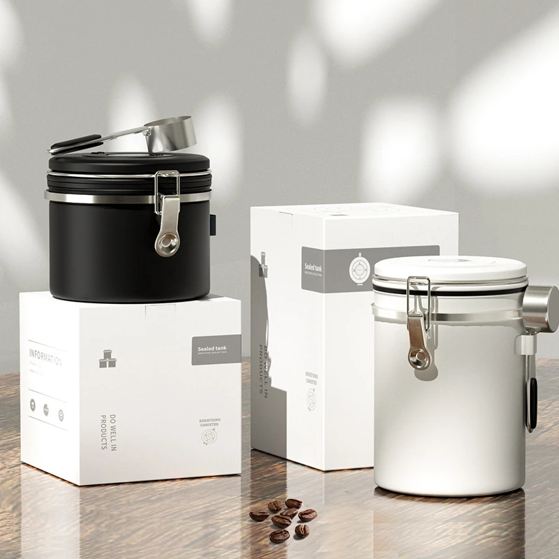 Contenedor de almacenamiento de caf&eacute; herm&eacute;tico de acero inoxidable, recipiente con cuchara para granos de caf&eacute;, t&eacute;, mantener los granos frescos-0