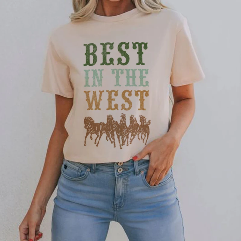 

VIP HJN Horse Best in the West Print Cowgirl Western Vintage T Shirt Boho Short Sleeve Loose Graphic Tee Women Cute Retro Tshirt