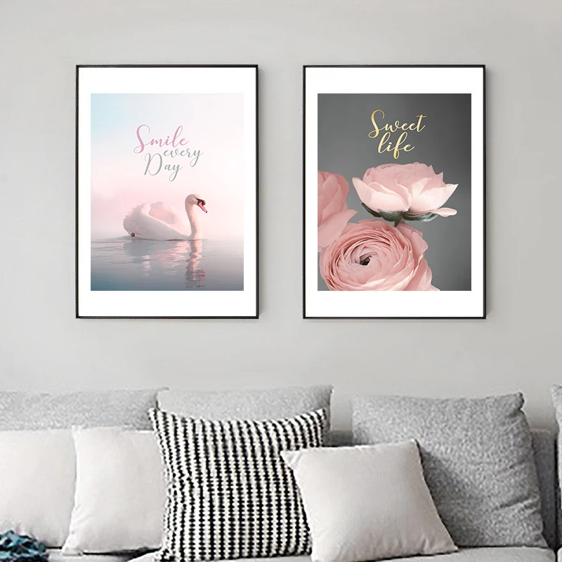

Pink Rose Swan Landscape Wall Art Canvas Painting North Europe Poster Living Room Decoration Wall Hanging Picture Frameless
