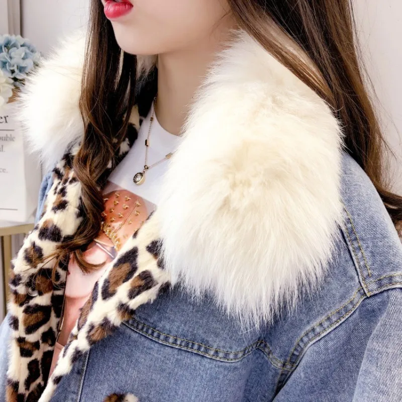 Модная женская джинсовая куртка свободного кроя с леопардовым принтом пэтчворк