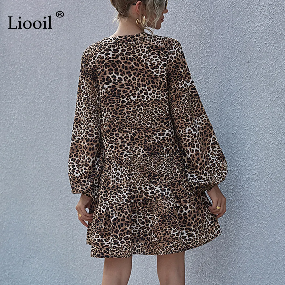 

Khaki Leopard Print Dress Women 2021 Button Up Lantern Sleeve V Neck Spring Autumn Clothes Ladies Casual Loose Short Dresses
