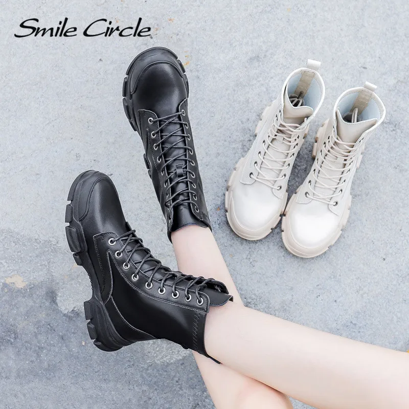 Полусапожки женские Smile Circle сапоги натуральная кожа кружевной Осенний новый