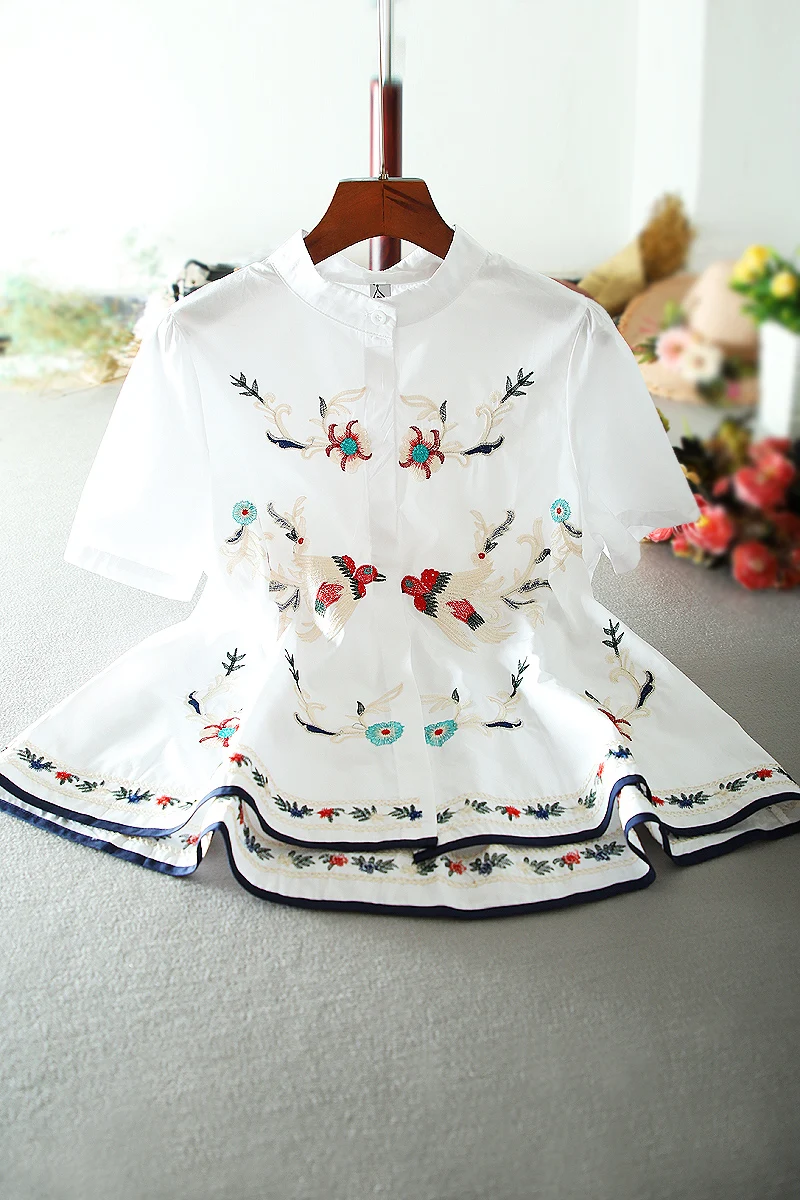 

SuperAen Summer Retro New Design Embroidery Loose Casual A-line Short Sleeve Slim Shirt Women's Cape Top