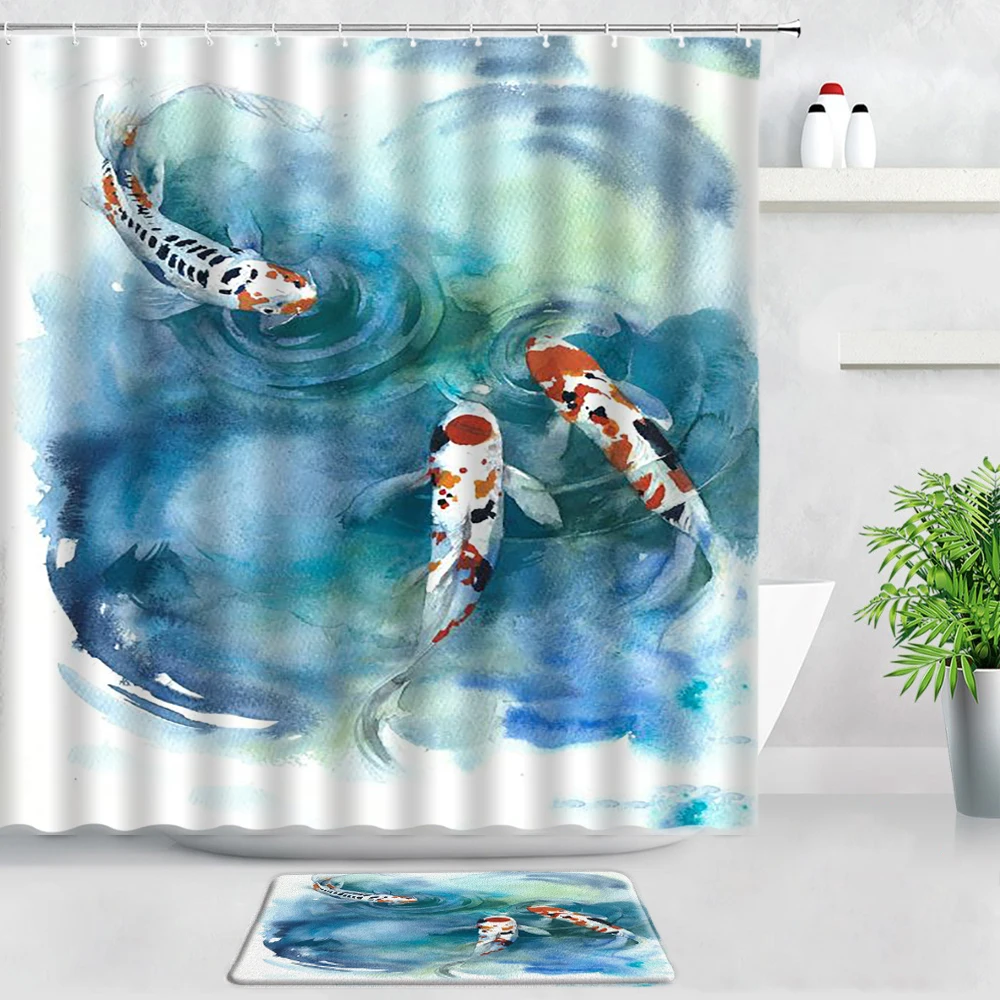 

Red Koi Fish Shower Curtains Bath Mats Sets Pink Flowers Chinese Style Home Decor Flannel Bathroom Door Pad Carpet Non-slip Rugs