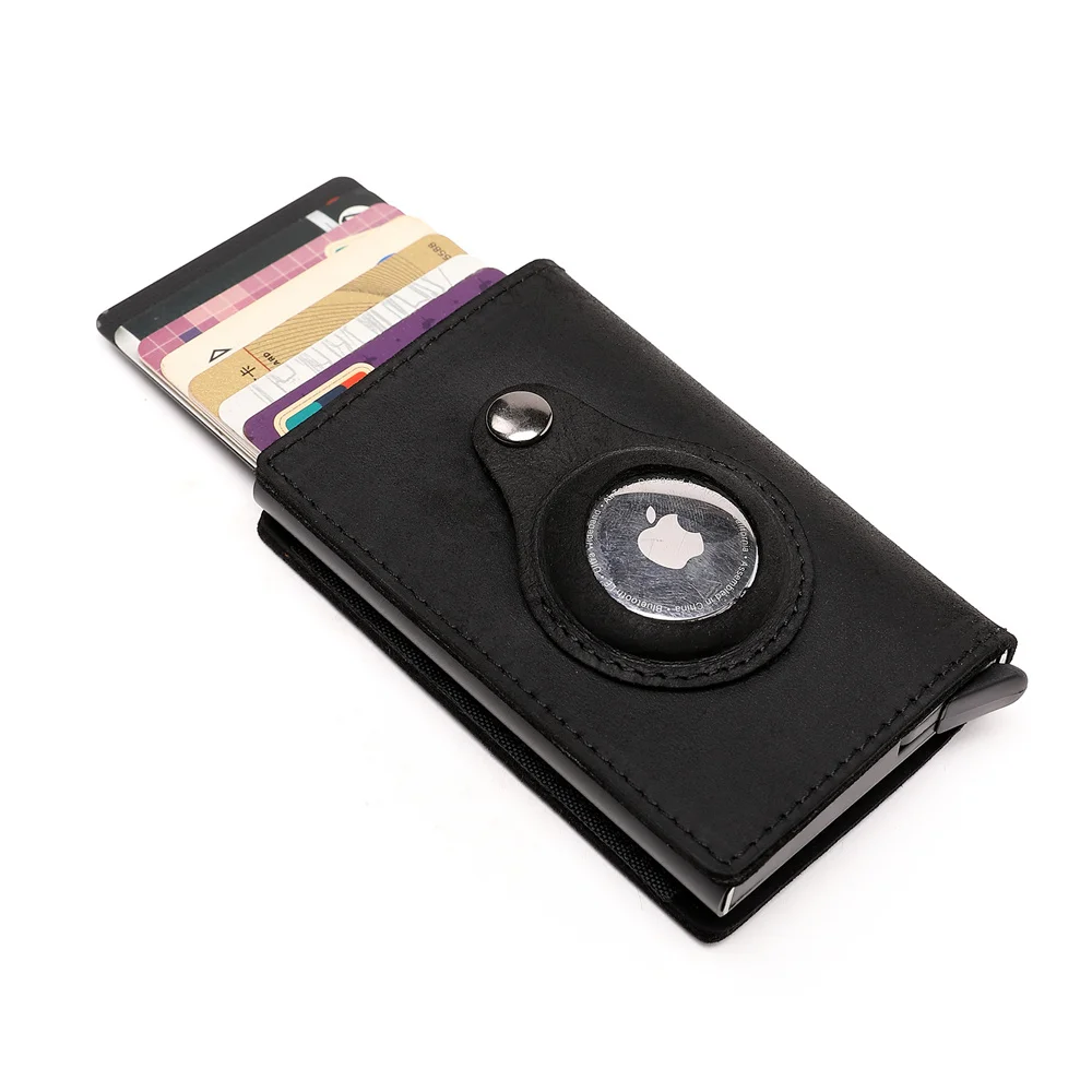 Custom Engraving ID Credit Bank Card Holder Rfid Airtag Wallets Men Aluminum Card Holder Men Genuine Leather Wallet Apple Airtag