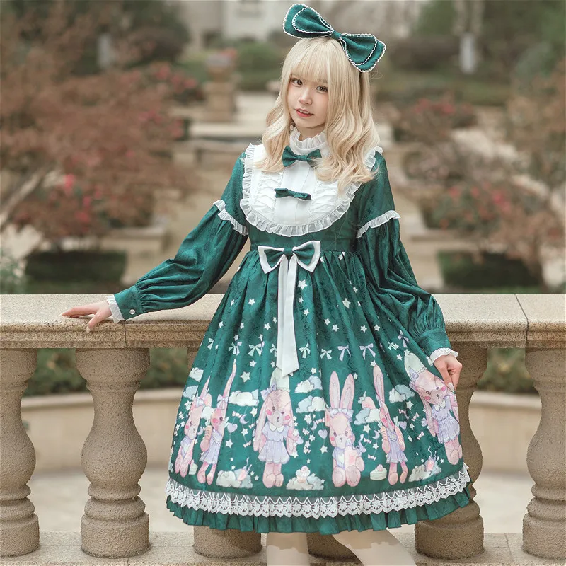 

Sweet Lolita Dress Vintage Falbala Stand Lace Bowknot Cute Printing Kawaii Girl Gothic Lolita Op Loli Cosplay Medieval Harajuku