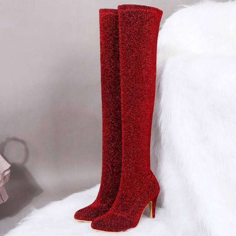 Женские офисные боты стрейч Taoffen зимние длинные сапоги 5 цветов блестящие