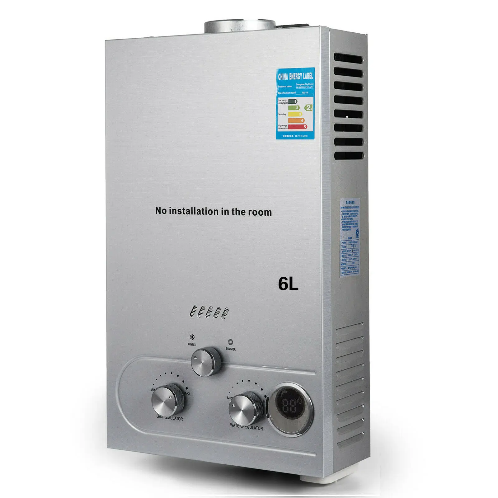 

Проточный газовый водонагреватель 6 л с функциями мгновенный нагрев воды, пропан, без бака, с насадкой для душа и ЖК-дисплеем