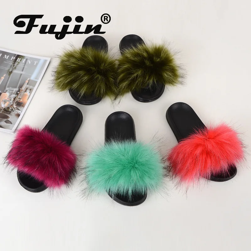 Женские меховые шлепанцы fujin черные из искусственной кожи на плоской подошве