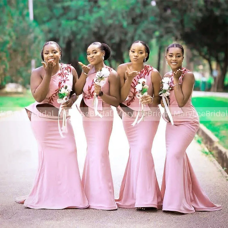 

2021 розовые оборки "Русалка", платье подружки невесты, платья размера плюс одно плечо Красные Аппликации в африканском стиле на высоком каблу...