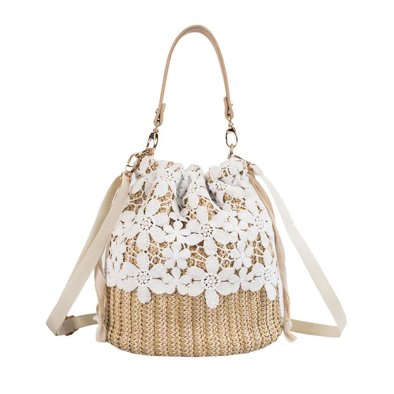 

Flower Pattern Lace Woven Straw Bag For Women 2020 New Fashion Summer Beach Shoulder Bucket Bags Female Wild Crossbody Handbags