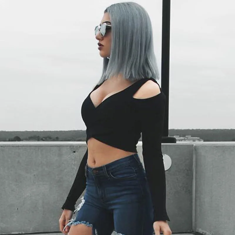 

2020 Autumn Women's Solid Color V-neck Long Sleeve T-shirt Sexy Off-the-shoulder Short Slim T-shirt Women