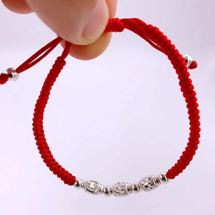Браслет из стерлингового серебра S925 пробы с красным веревочным браслетом ручная