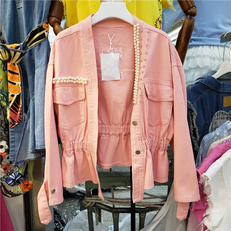 

Korean Fashion Beading V-Neck Denim Jacket Coat Women 7 Color Outerwear Autumn Casual Elastic Waist Short Jeans Jackets Female