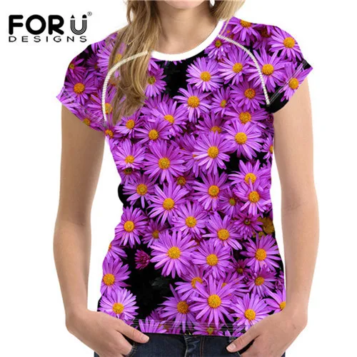 C0655BV FORUDESIGNS/фиолетовая сиреневая женская футболка с объемным цветком; летняя тонкая футболка; женские эластичные футболки для бодибилдинга; женская повседневная одежда - Цвет: C0655BV