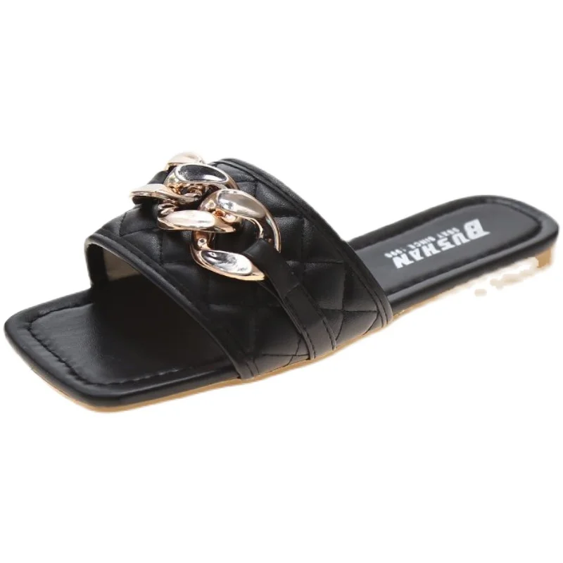 

Beach Shoes Low Ladies' Slippers Slipers Women Luxury Slides Square Toe Sabot 2021 Designer Flat Summer Rome Rubber PU Beach Sho