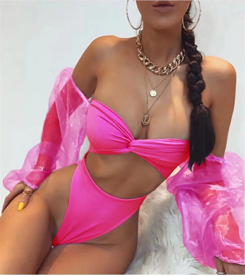 

2019 Sexy Women Mesh Sheer Puff Sleeve Solid Crop Bikini Swimsuit Swimwear Beach Bathing