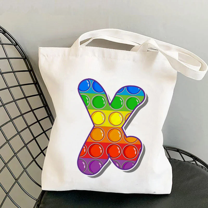 

Shopper Rainbow Word X Anti stress poppin Printed Bag women Harajuku shopper handbag Fidget stress shopping bag Lady Canvas Bag
