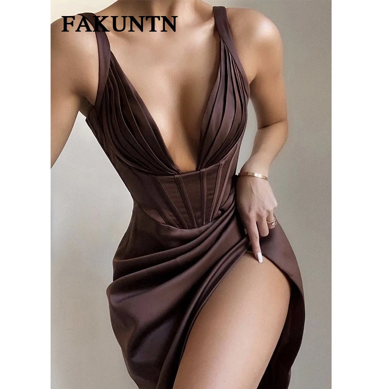 

FAKUNTN Party Vintage Sexy Dress Fashion V-neck Elegant Split Dress Women's Summer Sleeveless Dresses For Women Vestidos Robe