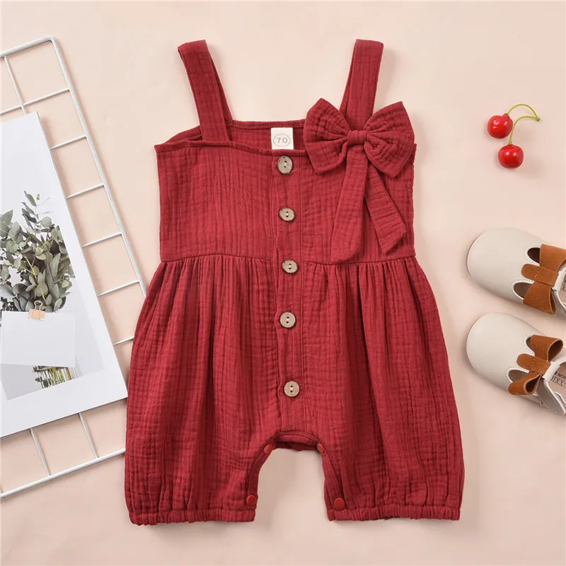 

Summer Baby Girls Romper Solid Color Sleeveless Bowknot Romper Cotton Linen Button Jumpsuit Toddler Clothes One-piece Outfits