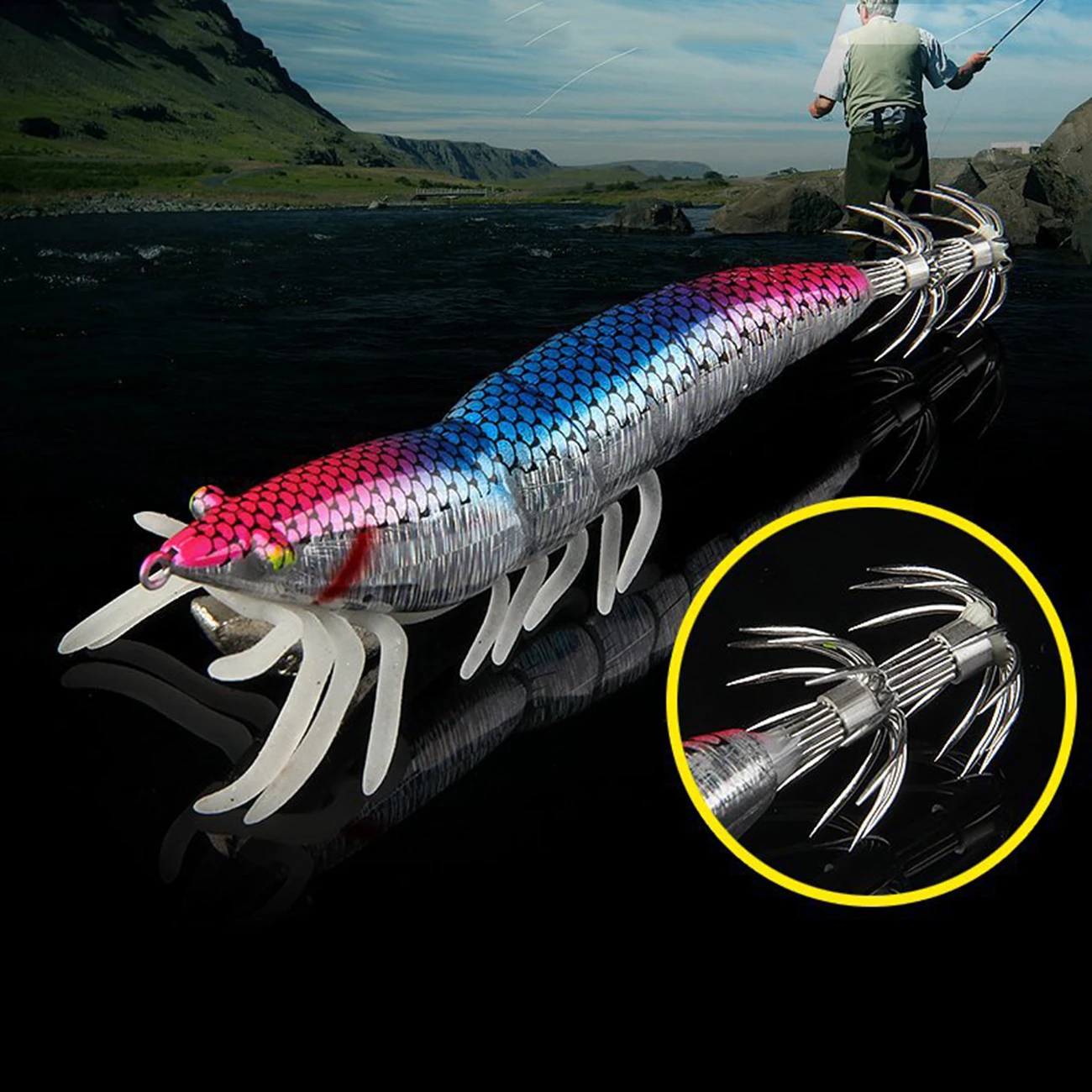 

1Pc 3D Fishing Lures Shrimps Prawn Luminous Squid jigging Artificial Lure Noctilucent Bait with Squid Jigs Hook