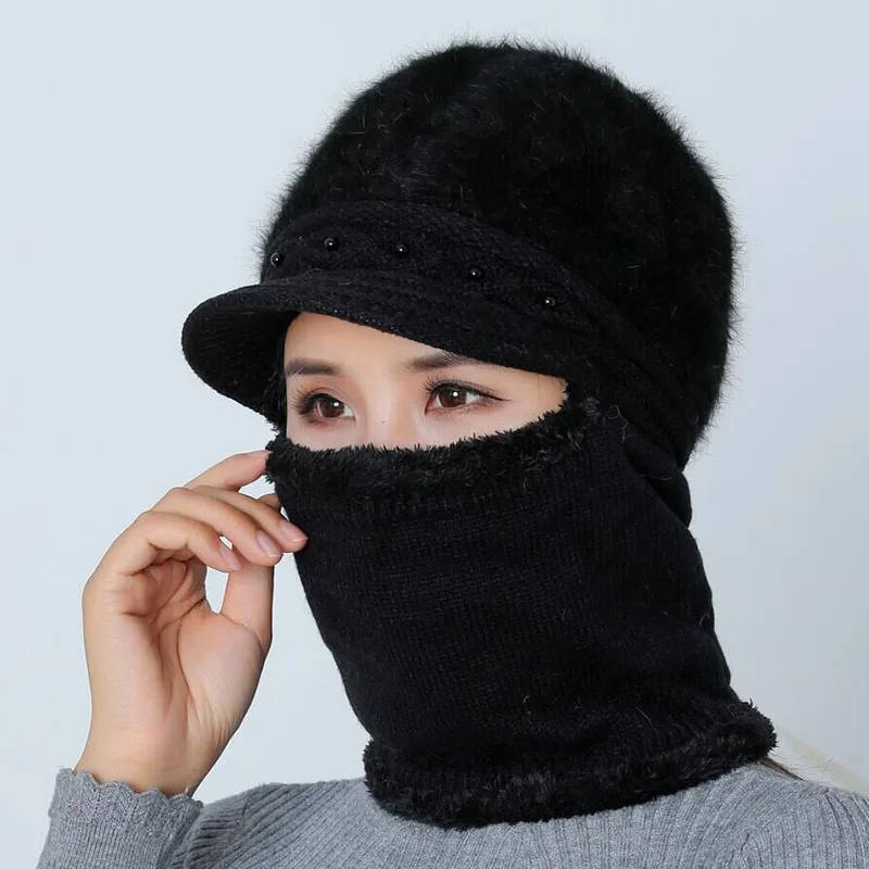 Высококачественные зимние шапки для женщин Skullies Beanie cap шляпки из шерсти набор теплая маска Gorras шапка из кроличьего меха Вязаная Шапка