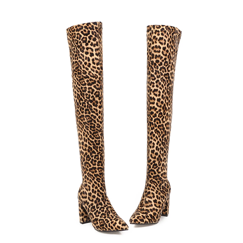 Leopard Thick Lining Г. Новые удобные женские сапоги до бедра фиолетового и черного цвета пикантные женские сапоги для верховой езды на высоком каблуке LC196, большие размеры 10, 43, 46, 48 - Цвет: Leopard Thick Lining