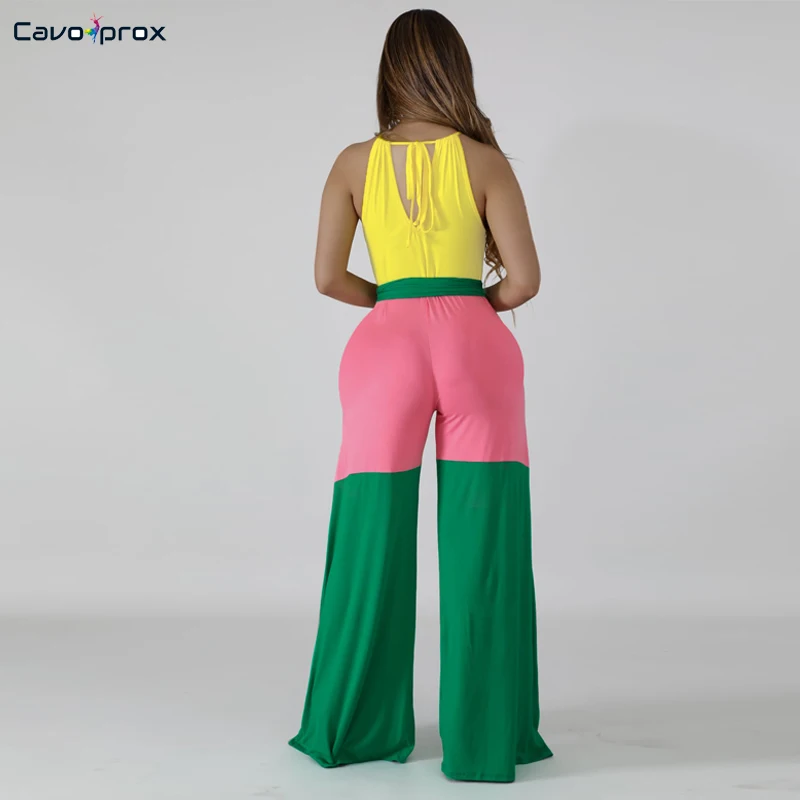 Women Color Block Halter Wide Leg Bodycon Sleeveless Jumpsuits with Hats Casual Plus Size Fashion New Trends | Женская одежда