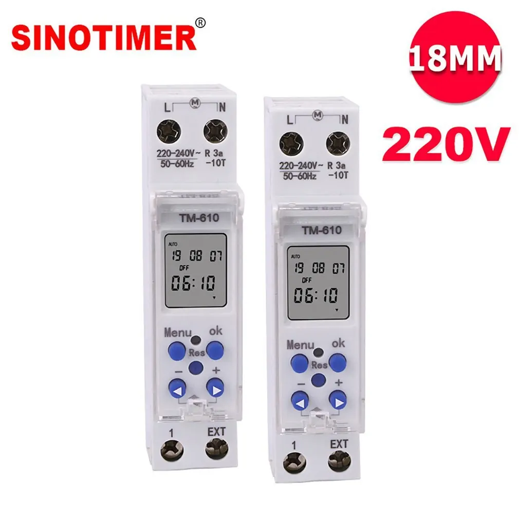 

SINOTIMER TM610 Programmable Timer Switch LCD Display 18mm Single Module Din Rail AC 220V External Trigger Switch