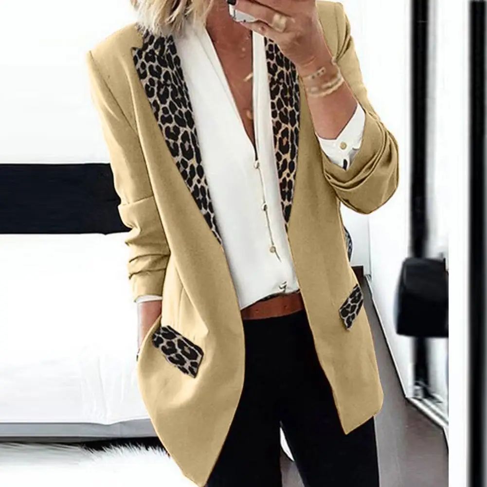 

Women Lapel Leopard Patchwork Blazer Long Sleeve Open Front Slim Coat Jacket Business Female Work Office Lady Suits
