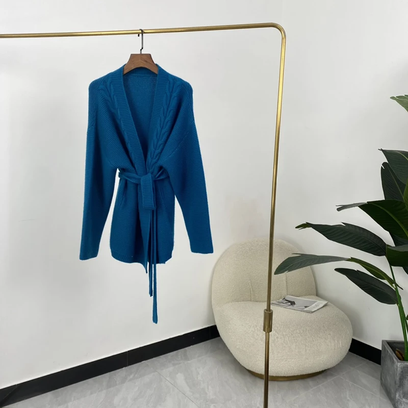 

Женский кашемировый кардиган с поясом, однотонный бежевый или синий Повседневный свитер с воротником-шалью, 100%