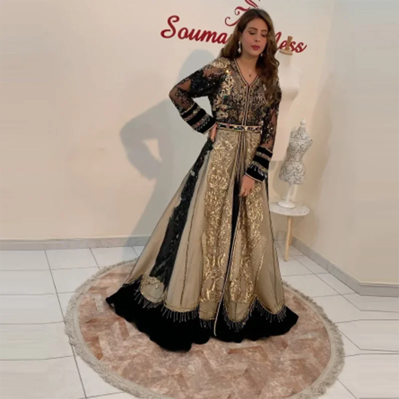

Black Sleeves Tassel Moroccan Kaftan Muslim Evening Dresses Luxury Beaded Appliques Dubai Arabia Prom Party Dress Custom Made