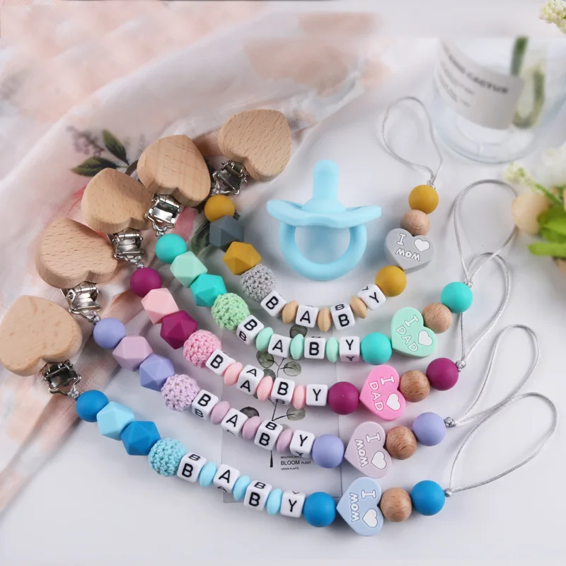 Cadena de chupete de madera de haya para beb&eacute;, clip de silicona personalizado, soporte para chupete, mordedor para beb&eacute; roedor-1