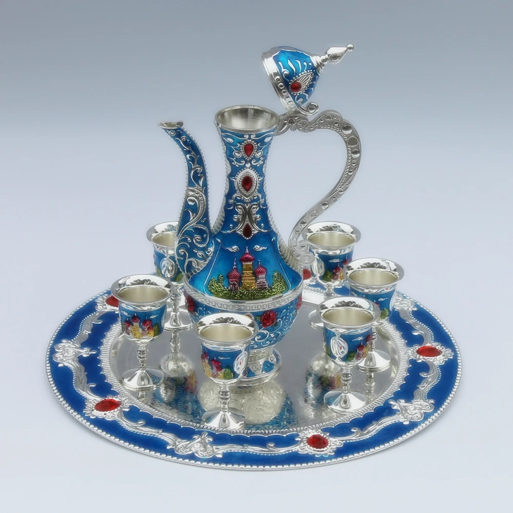 

Free shipping silver and blue color metal wine set/tea set, fashion zinc alloy wine set, 1 set= 1 plate+ 1 pot +6 cups