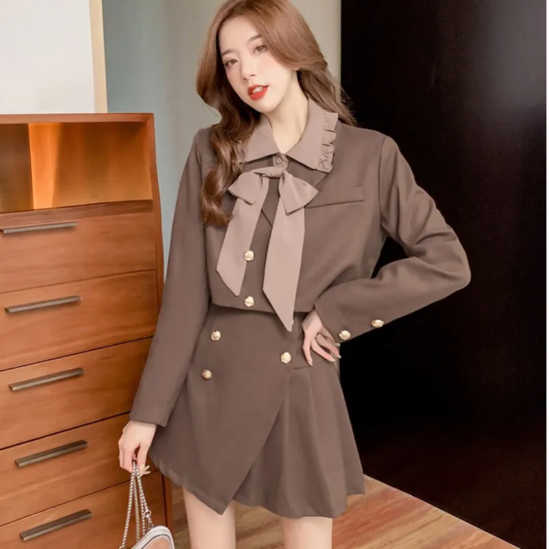 

2021 autumn winter fashion Sweet women French butterfly shirt + woolen suit jacket + high waist skirt three-piece suit