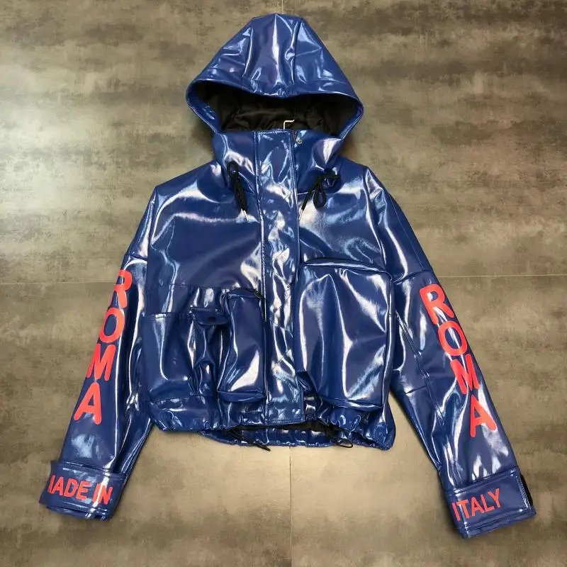 Модная глянцевая женская куртка из искусственной кожи с капюшоном дизайнерская