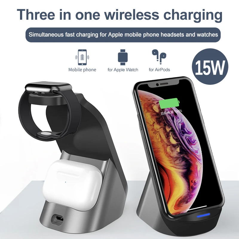 Беспроводное зарядное устройство KSTUCNE 15 Вт 3 в 1 Qi подставка для iPhone 12 11 Samsung Buds Apple