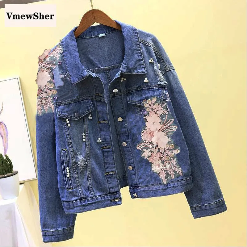 

VmewSher Flower Denim Jackets Women Jean Coat Applique Beading Jacket 2020 Embroidery Outerwear Casaco Feminino Mujer Jaqueta