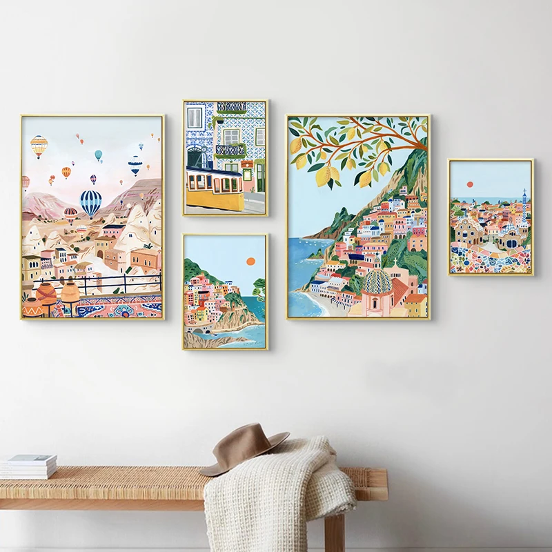 Европа Путешествия город аниме плакат Барселона Лиссабон пейзаж холст печать