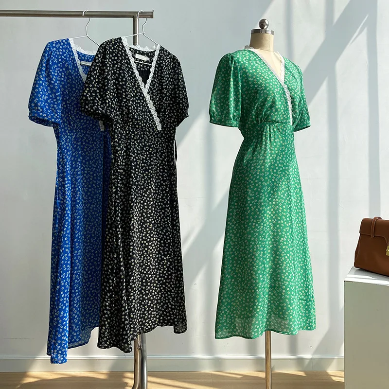

2021 Women V-Neck Lace Decorated Short Sleeve Long Dress Flower Women Summer Boho Dress Vestidos