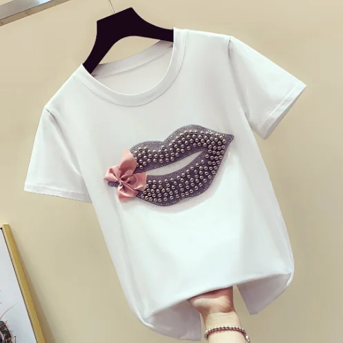 Женская футболка с коротким рукавом хлопковая Футболка бисером и губами осенне