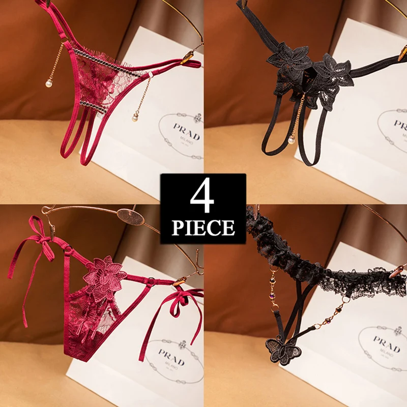 

4pcs Women's Panties Sexy Lace Floral Open Thongs Erotic Lingerie G-string Briefs Hipster Underwear Feminine Fashion Tangas