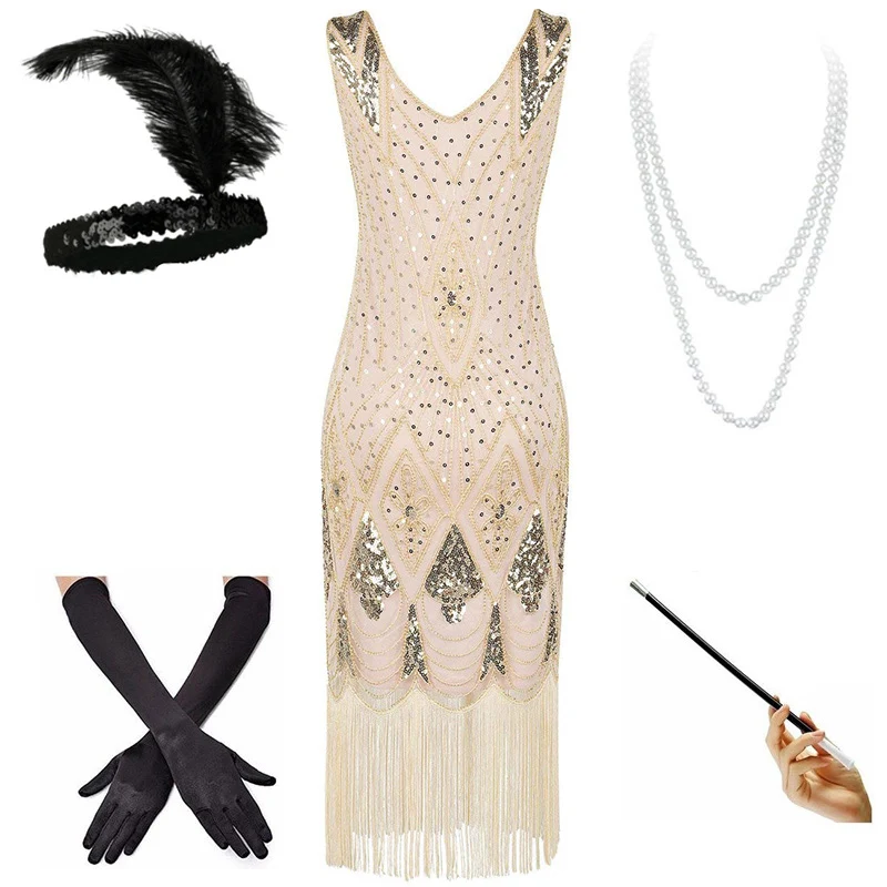 Apricot Set A(NEW) 1920s Flapper платье Great Gatsby вечерние платья с блестками и бахромой - Цвет: Apricot Set A(NEW)